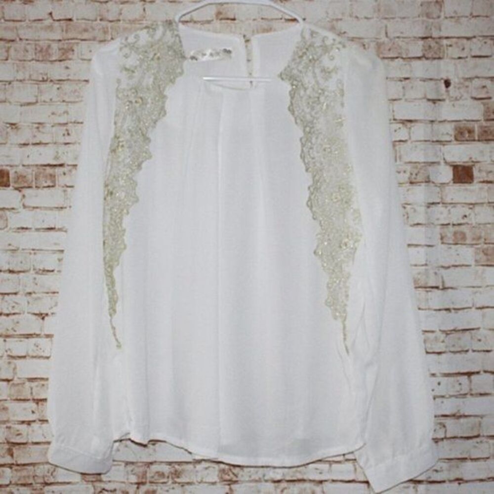 Chinese Brand White Long Sleeve Sheer Blouse
